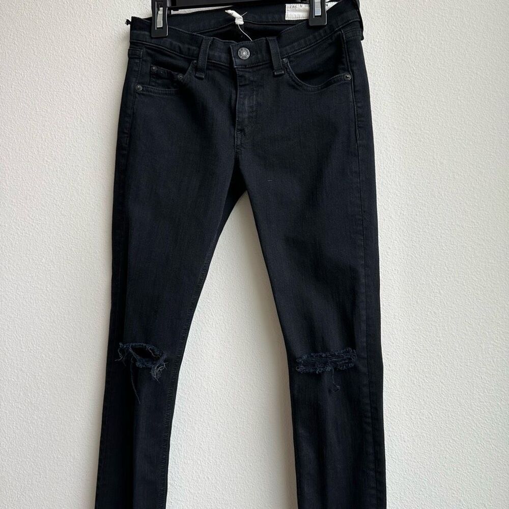 Rag & Bone Women’s Skinny Stretch Mid Rise Black Jeans Size 26 Distressed Knee - Picture 3 of 8